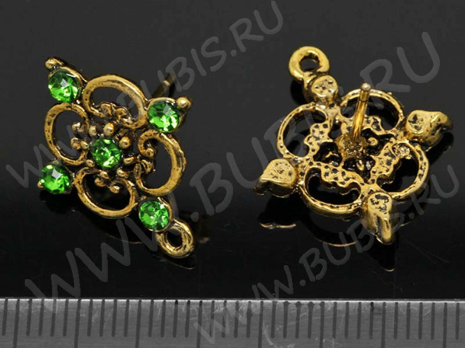 Пуссеты ("гвоздики") №034 со стразом 20*17,5*14,5мм античное золото и зелёный (литьё) (1 пара)