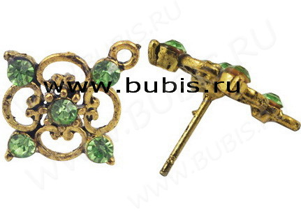 Пуссеты ("гвоздики") №034 со стразом 20*17,5*14,5мм античное золото и зелёный (литьё) (1 пара)