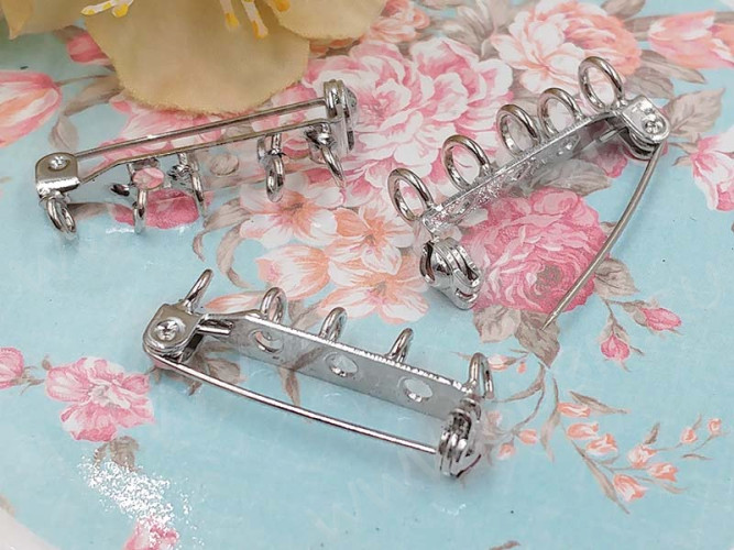 Основа (заготовка) для броши №110 Булавка 3 отверстия 5 петелек с замочком 27*11*5мм цвет платины (Brass)