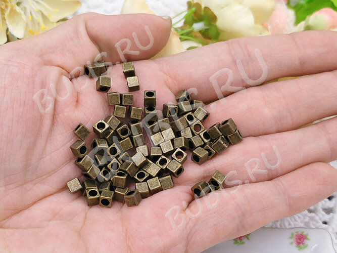 Бусина 198 Кубик маленький 4*4*4мм античная бронза (литьё) (10шт.)