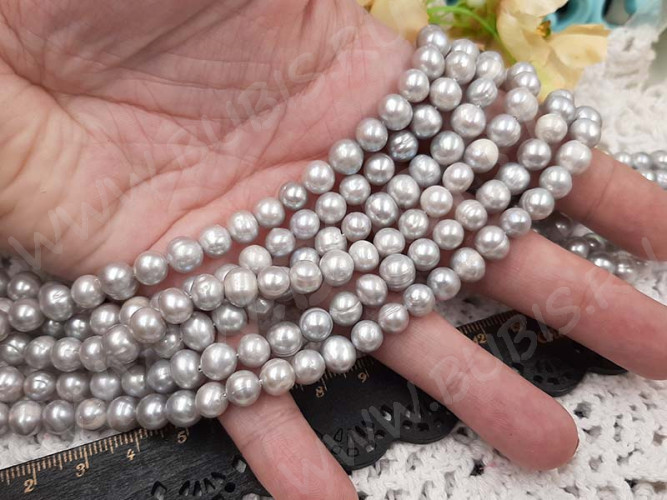 (ОПТ) Бусина Жемчуг 48 пресноводный фриформ 7-8мм серый натуральный (камни) (нить 35-36см)
