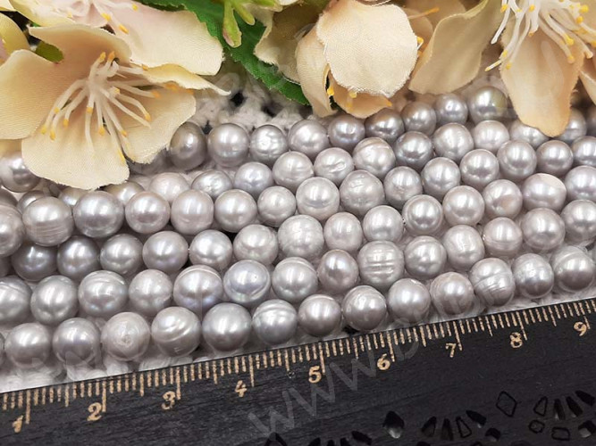 (ОПТ) Бусина Жемчуг 48 пресноводный фриформ 7-8мм серый натуральный (камни) (нить 35-36см)