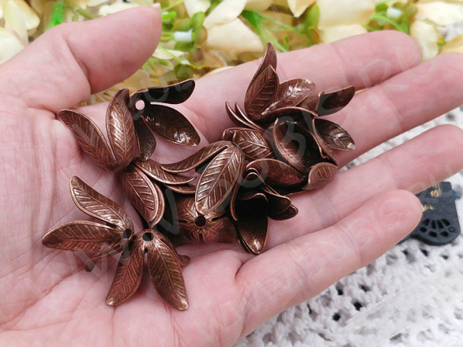 Шапочка тонкая 091 простая 23 колокольчик винтажный Листики 23*23*16,5мм античная медь (LUX Китай) (Brass)