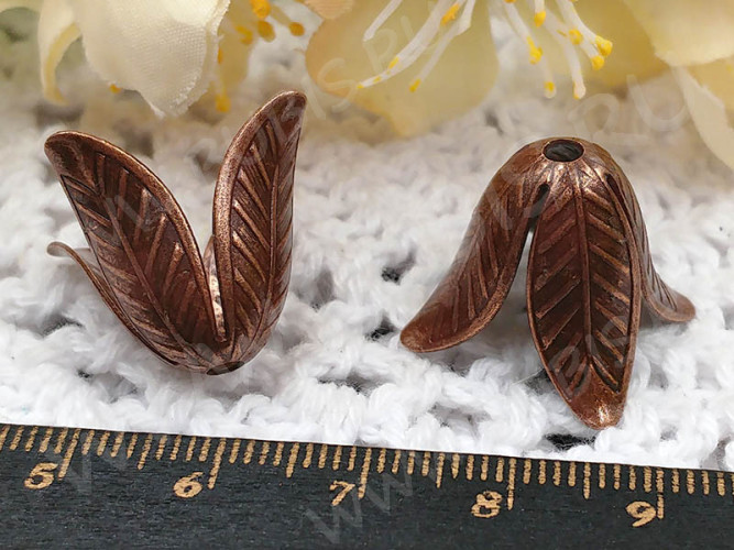 Шапочка тонкая 091 простая 23 колокольчик винтажный Листики 23*23*16,5мм античная медь (LUX Китай) (Brass)