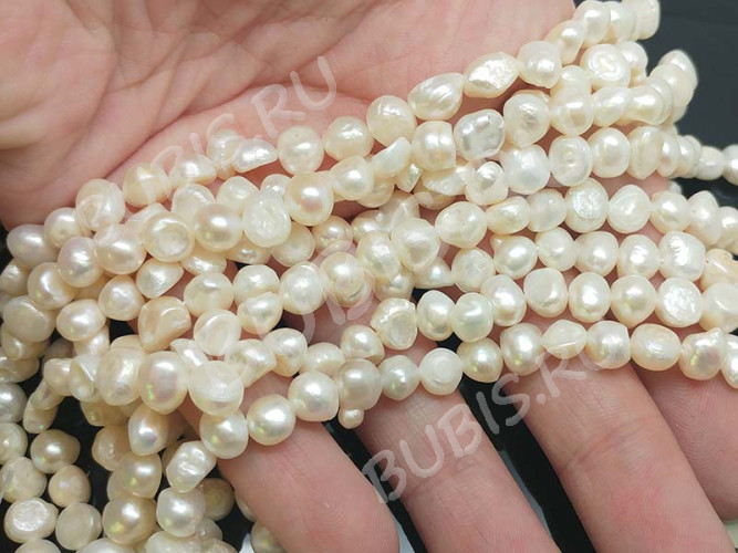 (ОПТ) Бусина Жемчуг 25 речной фриформ 6-7мм натуральный (камни) (нить 35-37см)