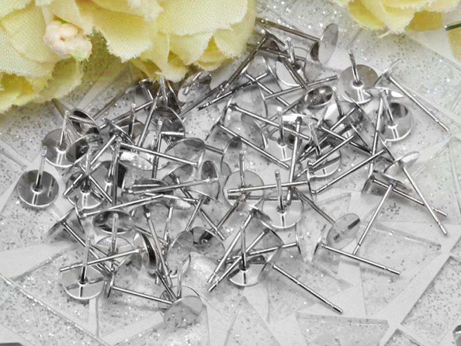 (СКИДКИ!!!) Пуссеты ("гвоздики") №156 (платформа 6мм) с 3 рисочками 12*0,7мм цвет платины (хирургическая сталь) (10 пар)