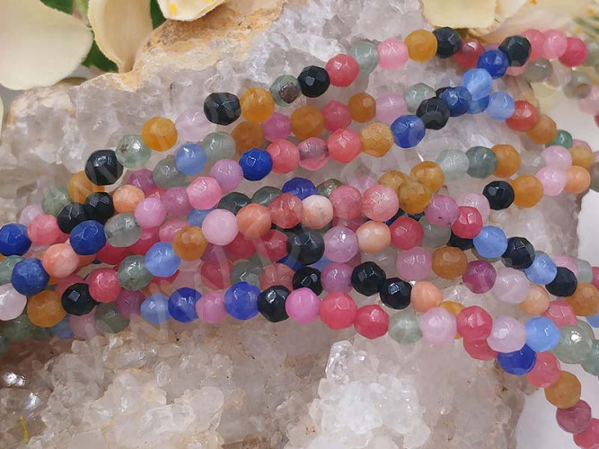 (ОПТ) Бусина округлая ГРАНЁНАЯ 4мм Кварц тонированный МИКС (камни) (НИТЬ)