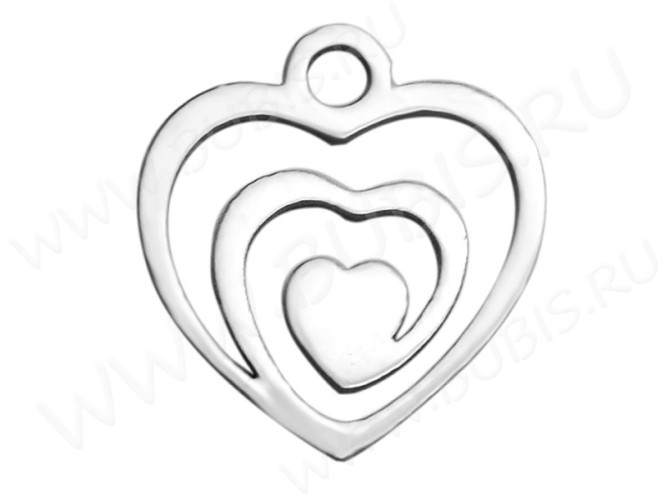 Подвеска Сердечко 73 с узором и сердечком 14*13*0,8мм цвет платины (Хирургическая сталь)