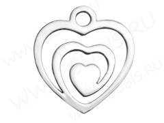 Подвеска Сердечко 73 с узором и сердечком 14*13*0,8мм цвет платины (Хирургическая сталь)