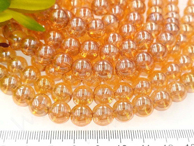 (ОПТ) Бусина округлая Имитация Опала 10мм золотистая с глянцем прозрачная (стекло) (НИТЬ)