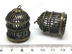 Кулон 52 подвеска Клетка 12 3D с птичкой 38,5*27,5*27,5мм античная бронза (литьё)