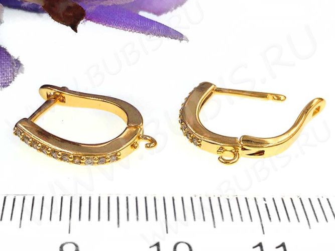 Швензы с английским замком №55 с инкрустацией кубическим цирконием 17,5*13*1,7мм золотистые и прозрачные (Milano LUX) (Brass и фианит) (1 пара)