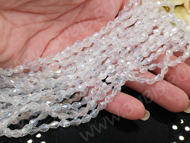 (ОПТ) Бусина Капля гранёная 6*4*4мм чистая прозрачная с АВ (имитация Сваровски) (НИТЬ)