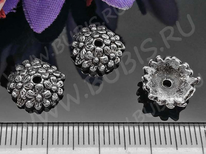 (СКИДКИ!!!) 235 Шапочка Цветочки 12*11,5*4мм античное серебро (литьё) (10шт.)