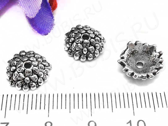 (СКИДКИ!!!) 235 Шапочка Цветочки 12*11,5*4мм античное серебро (литьё) (10шт.)