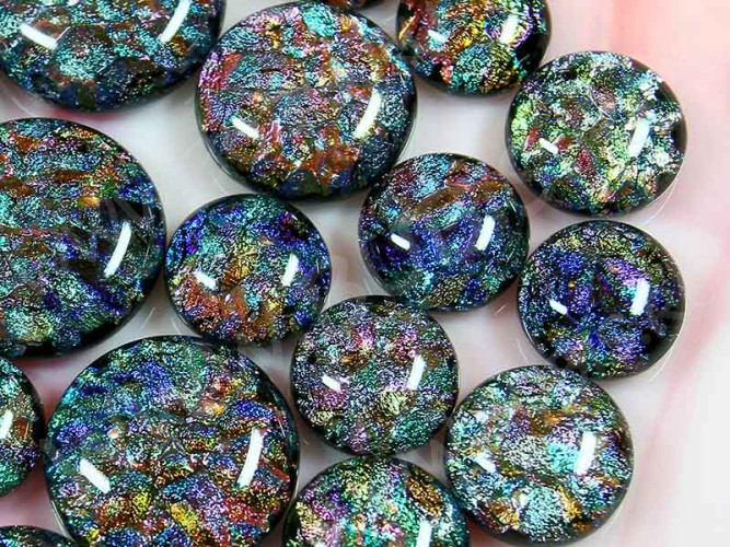 Кабошон Фьюзинг 046 Круглый 13-19мм  Дихроик на черном Серебристый с розовым и фиолет Рельеф DD