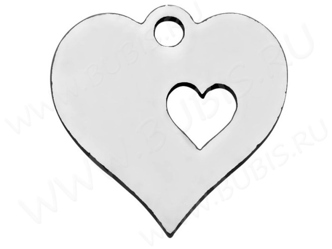 Подвеска Жетон 25 Сердечко с сердечком внутри 13*13*0,8мм цвет платины (Хирургическая сталь)