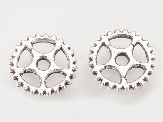 (ОПТ) Подвеска Шестерёнка 20 двусторонняя 8*8*1мм античное серебро (литьё) (Steampunk) (50шт.)