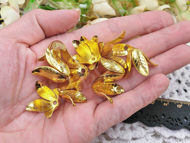 Шапочка тонкая 091 простая 23 колокольчик винтажный Листики 23*23*16,5мм золотистая (LUX Китай) (Brass)