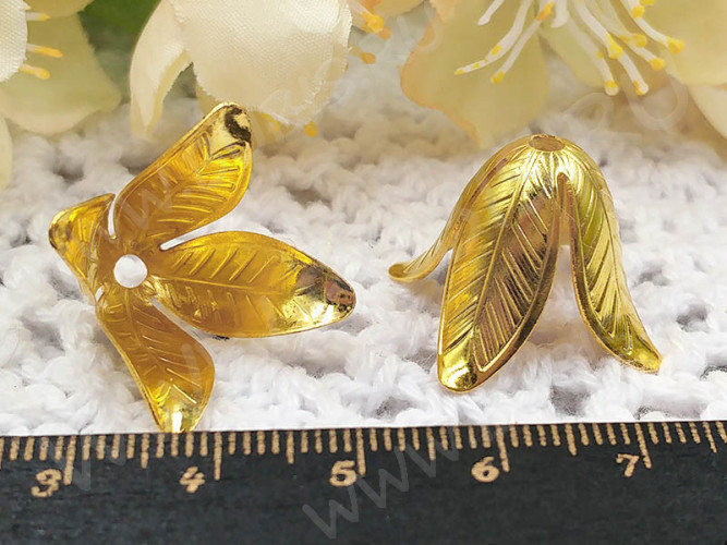 Шапочка тонкая 091 простая 23 колокольчик винтажный Листики 23*23*16,5мм золотистая (LUX Китай) (Brass)