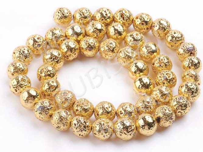 (ОПТ) Бусина округлая 10мм Лава вулканическая с гальваническим покрытием золотистая (камни) (НИТЬ)