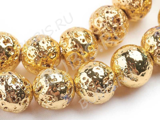 (ОПТ) Бусина округлая 10мм Лава вулканическая с гальваническим покрытием золотистая (камни) (НИТЬ)