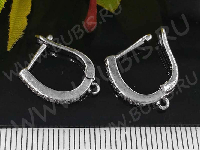 Швензы с английским замком №55 с инкрустацией кубическим цирконием 17,5*13*1,7мм цвет платины и прозрачные (Milano LUX) (Brass и фианит) (1 пара)