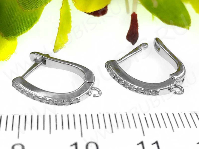 Швензы с английским замком №55 с инкрустацией кубическим цирконием 17,5*13*1,7мм цвет платины и прозрачные (Milano LUX) (Brass и фианит) (1 пара)