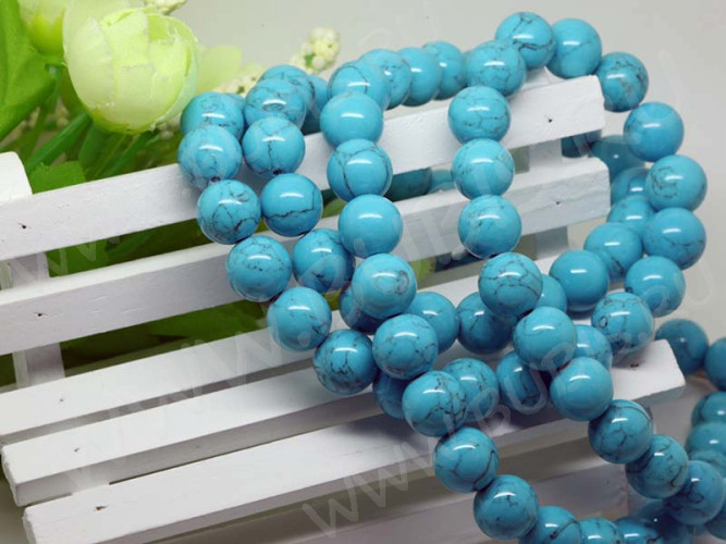 (ОПТ) Бусина округлая 10мм Бирюза голубая пресс. (камни) (НИТЬ)