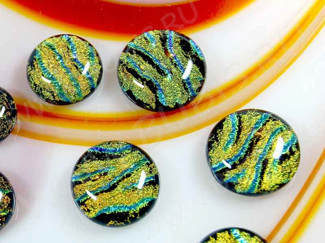 Кабошон Фьюзинг 019 Круглый 12-16мм Дихроик на черном Желтый с зеленым Рельеф SX