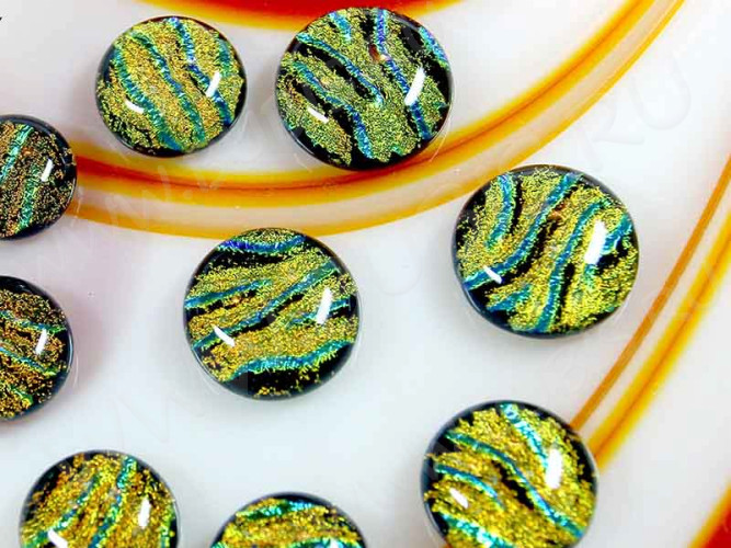 Кабошон Фьюзинг 019 Круглый 12-16мм Дихроик на черном Желтый с зеленым Рельеф SX