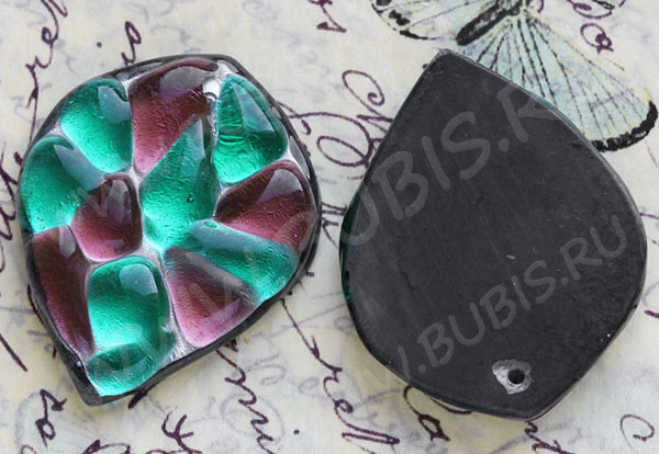 Кулон Капля 13 перевёрнутая, с "камушками" 46*36,5*7,5мм лилово-бирюзовая (венецианское стекло)