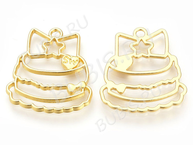 Подвеска Рамка 30 Торт с бантиком 32*28*2мм золотистая (литьё)