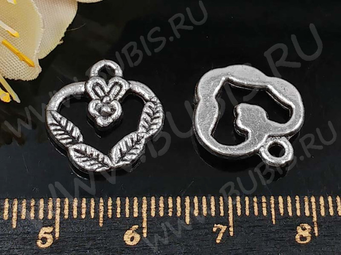 Подвеска Сердечко 21 листиковое 15,5*12,5*2мм античное серебро (литьё)