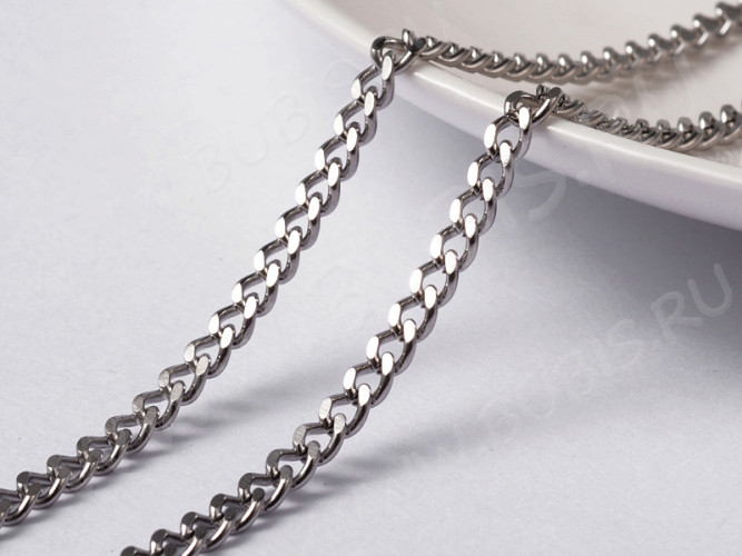 Цепочка S43 Ювелирная сталь панцирная "Бордюрная" 3,7*2,7*0,7мм цвет платины (Хирургическая сталь)(50см)