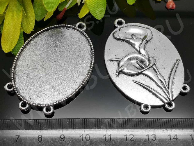 Подвеска-сеттинг Овал 48 коннектор Цветы (сеттинг 45*35мм) 55*37,5*3мм античное серебро (литьё)