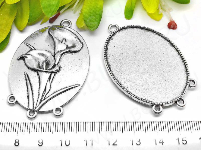 Подвеска-сеттинг Овал 48 коннектор Цветы (сеттинг 45*35мм) 55*37,5*3мм античное серебро (литьё)