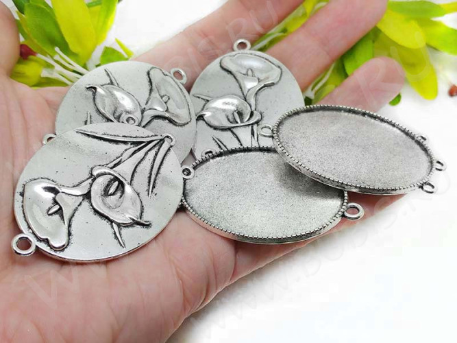 Подвеска-сеттинг Овал 48 коннектор Цветы (сеттинг 45*35мм) 55*37,5*3мм античное серебро (литьё)