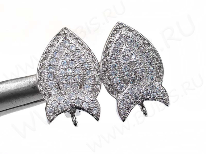 Швензы с английским замком №88 с инкрустацией кубическим цирконием 18*12,5*12мм цвет платины и прозрачные (Milano LUX) (Brass и фианит) (1 пара)