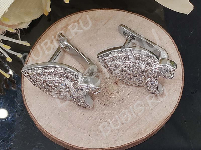 Швензы с английским замком №88 с инкрустацией кубическим цирконием 18*12,5*12мм цвет платины и прозрачные (Milano LUX) (Brass и фианит) (1 пара)