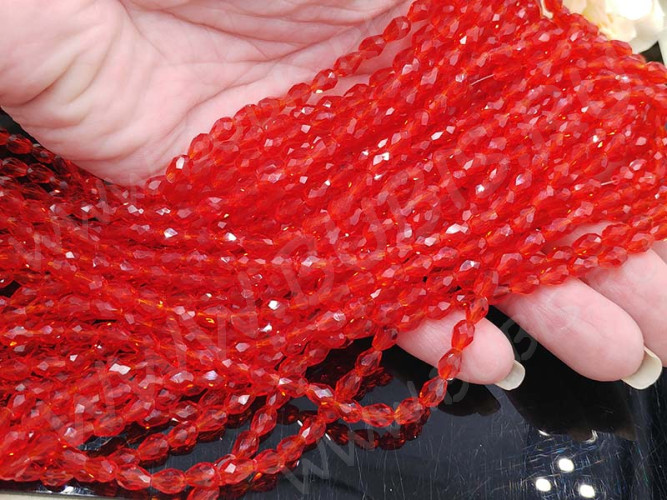 (ОПТ) Бусина Капля гранёная 6*4*4мм красная прозрачная (имитация Сваровски) (НИТЬ)