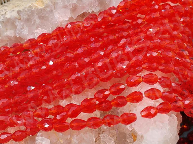 (ОПТ) Бусина Капля гранёная 6*4*4мм красная прозрачная (имитация Сваровски) (НИТЬ)