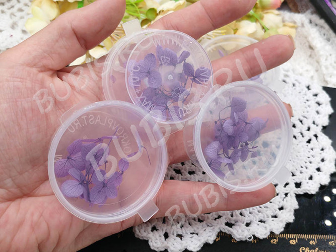 Сухие цветы 28 Гортензия 15мм стабилизированная светло-фиолетовая в коробочке (натуральные цветы)