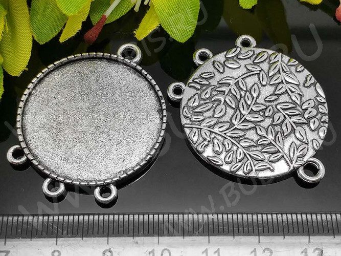 Подвеска-сеттинг Круг 32 коннектор с листиками (сеттинг 30мм) 40*32*3мм античное серебро (литьё)