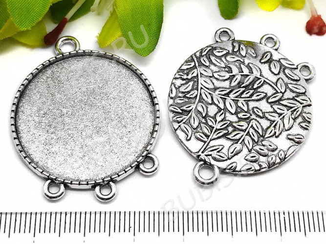 Подвеска-сеттинг Круг 32 коннектор с листиками (сеттинг 30мм) 40*32*3мм античное серебро (литьё)