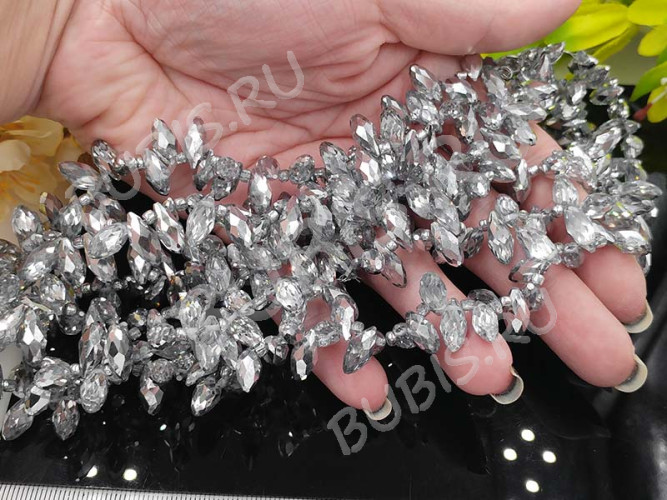 (ОПТ) Подвеска Капля гранёная 12*6*5,5мм Хрусталь прозрачно-серебристый непрозрачный (имитация Сваровски) (НИТЬ)