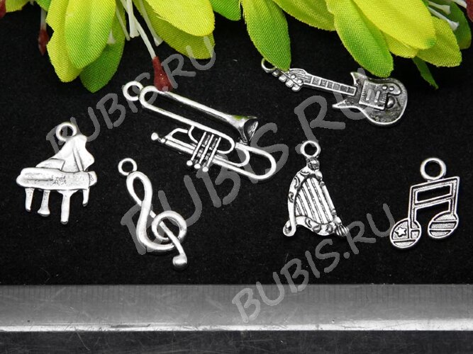 Набор подвесок № 05 Музыкальный 17-35*10-15мм античное серебро (литьё) (комплект из 6шт.)