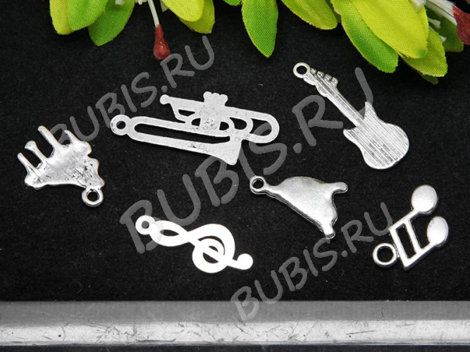 Набор подвесок № 05 Музыкальный 17-35*10-15мм античное серебро (литьё) (комплект из 6шт.)