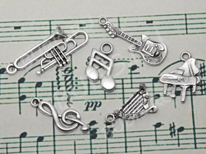 Набор подвесок № 05 Музыкальный 17-35*10-15мм античное серебро (литьё) (комплект из 6шт.)