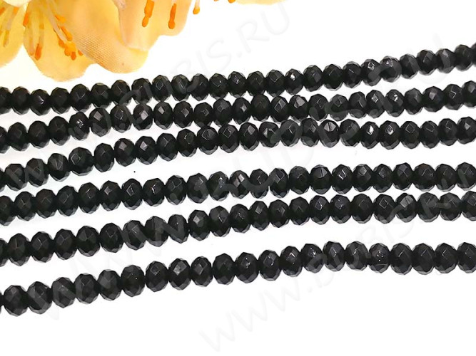 (ОПТ) Бусина каменная Рондель 17 ГРАНЁНЫЙ 4*4*2,5мм Агат чёрный натуральный (камни) (НИТЬ)